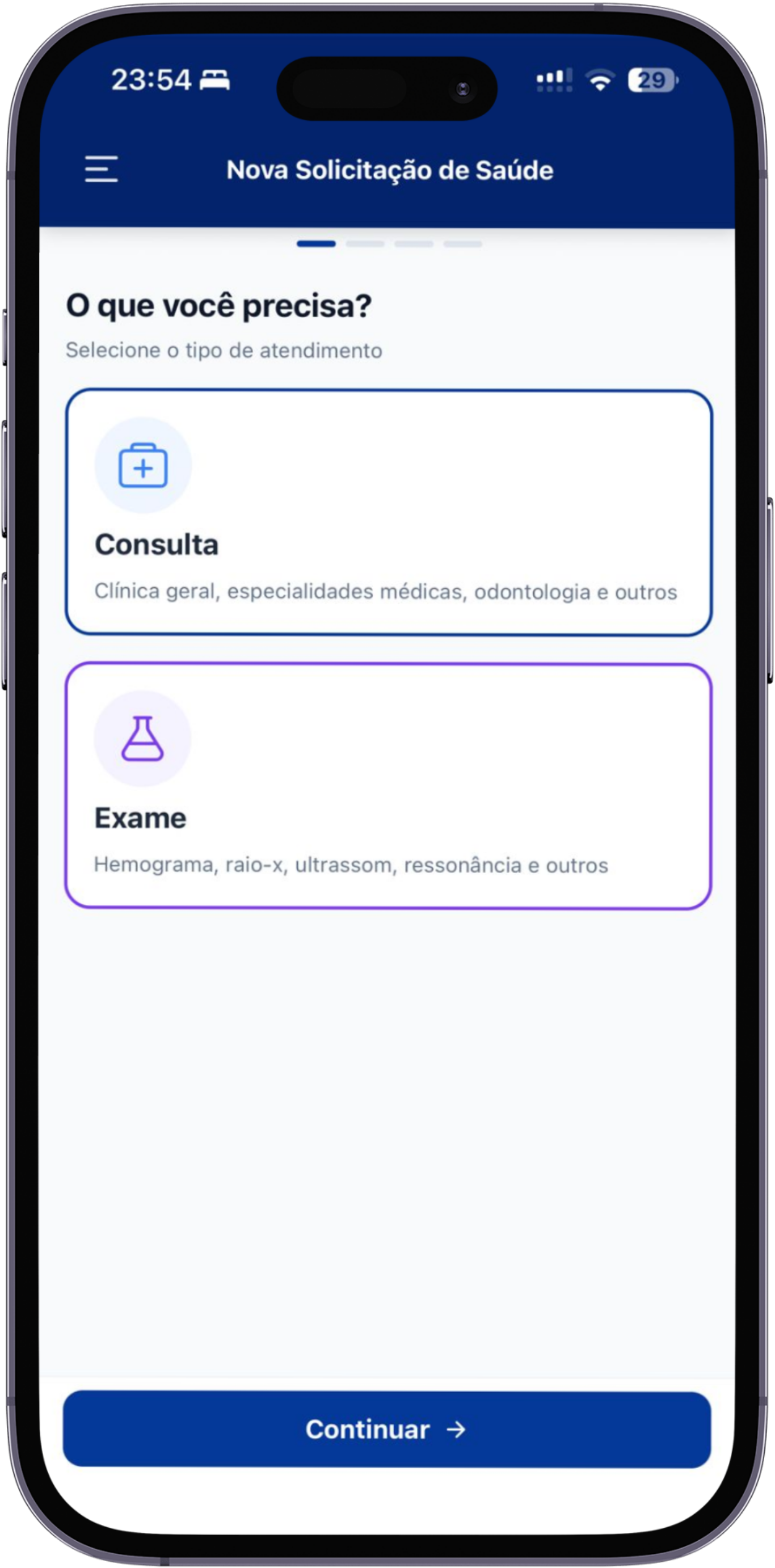 Agendamento de saúde — passo 1